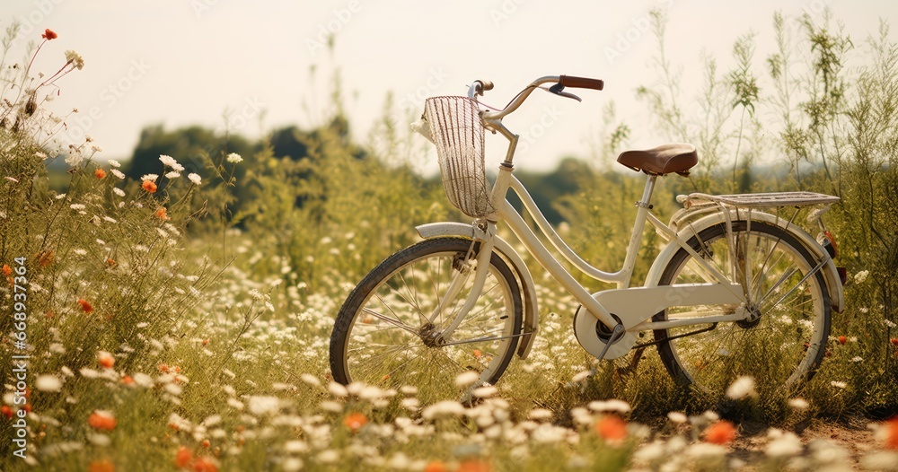 a bicycle sits in a field of flowers.
