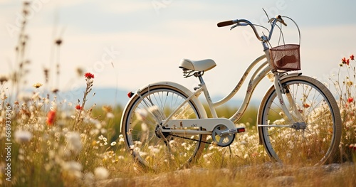 a bicycle sits in a field of flowers. © hisilly