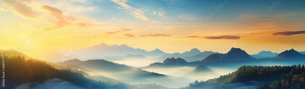 beautiful view from the sky and mountain, in the style of light bronze and yellow, light indigo and green