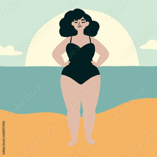 Woman on beach in black swimsuit. Sun is setting. Blue sea near her. Golden sand under feet. Happy and calm.
