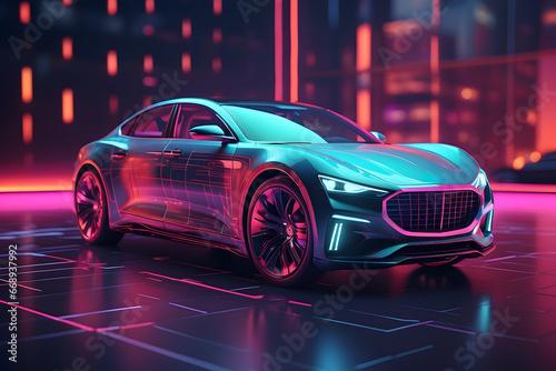 Modern car technology concept with wireframe intersection  3D illustration . Generative AI