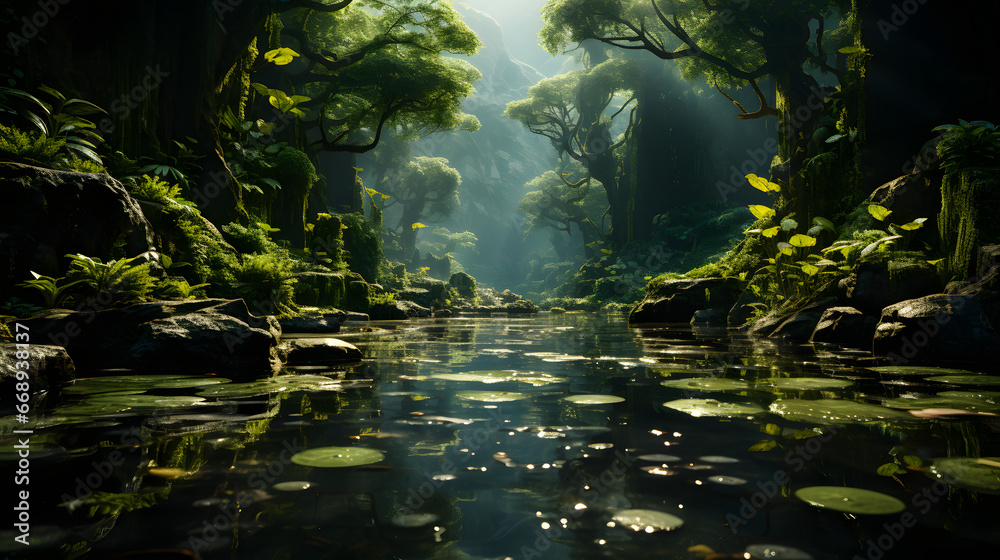 Sunny jungle with a river that winds through the dense greenery. The sunlight filters through the canopy, casting warm reflections on the river's surface.