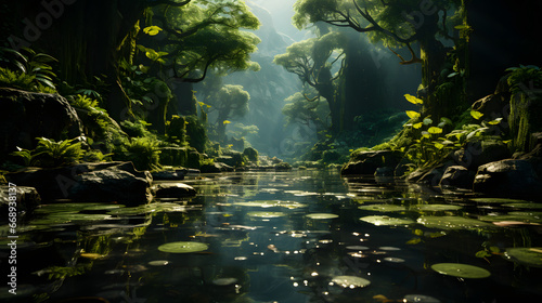 Sunny jungle with a river that winds through the dense greenery. The sunlight filters through the canopy  casting warm reflections on the river s surface.