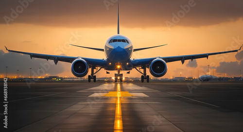 A plane takes off into the sunset, symbolizing the start of a new journey.