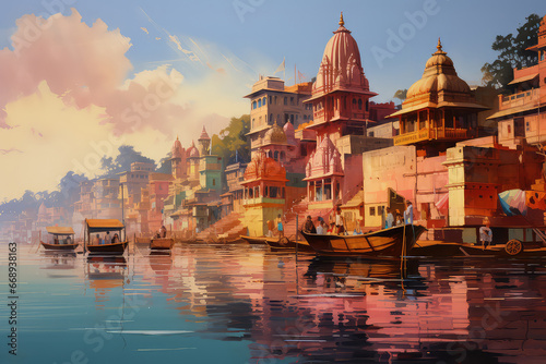 oil painting on canvas, Ancient Varanasi city architecture at sunset with view of sadhu baba enjoying a boat ride on river Ganges. (ai generated) photo