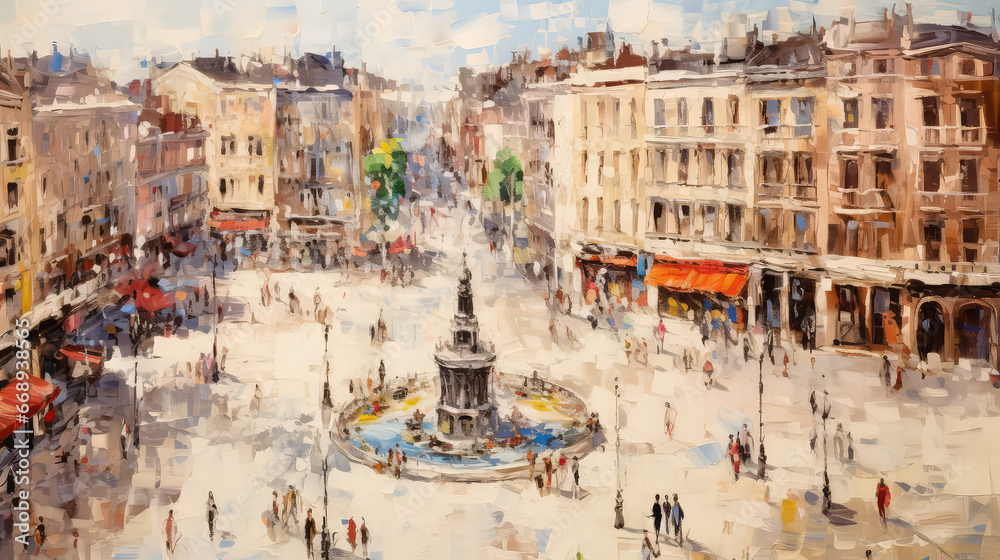 Obraz premium oil painting on canvas, Plaza Mayor with statue of King Philips III in Madrid, Spain (ai generated)