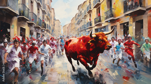 oil painting on canvas, Bulls and people running on the street in the festival of San Fermin. Bulls of Eduardo Miura in the eighth and last running. Spain. (ai generated) photo