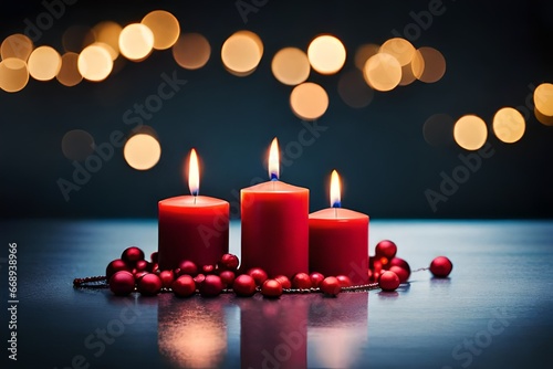 advent  christmas  celebration  holiday candlelight greeting card - Four burning candles on table with dark black night background with bokeh lights