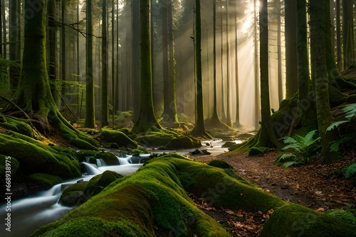 An image of a tranquil forest bathed in morning light, light mist seeping through the trees, ground covered in a carpet of moss and ferns, dewdrops on spider webs, nature's perfect symmetry photo
