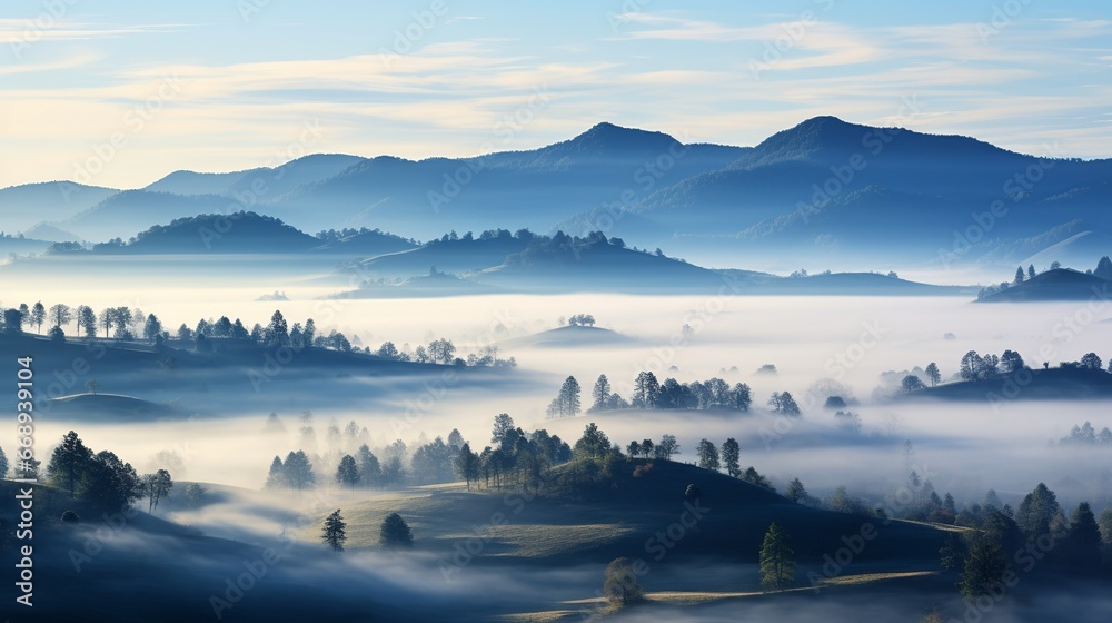 Aerial view of green hills with fog at sunrise
