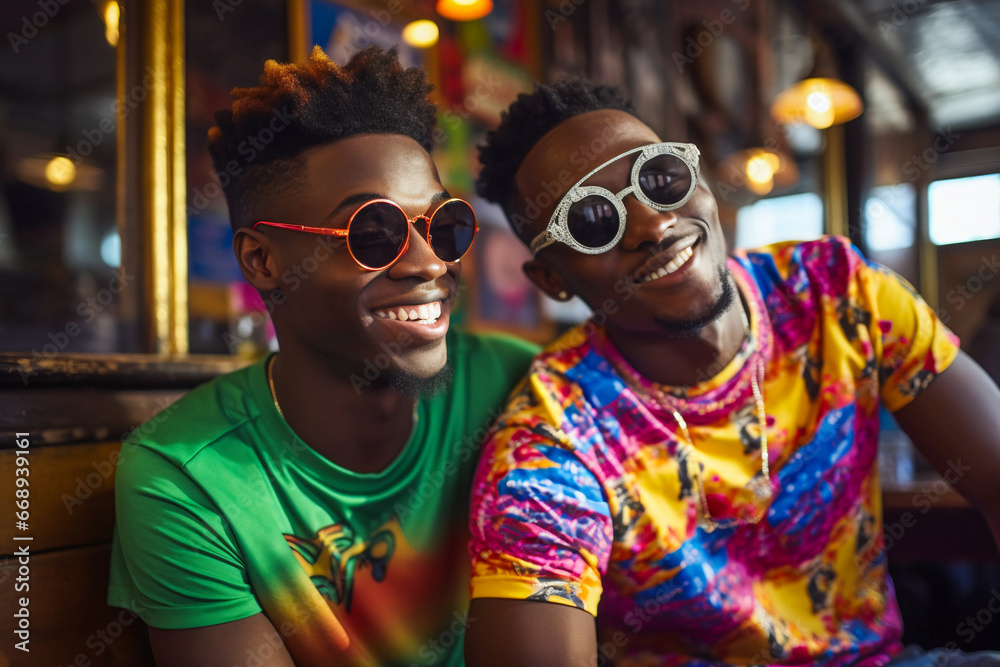 Two black male gay guys, sitting happy in the pub enjoying a drink, lgbt concept.