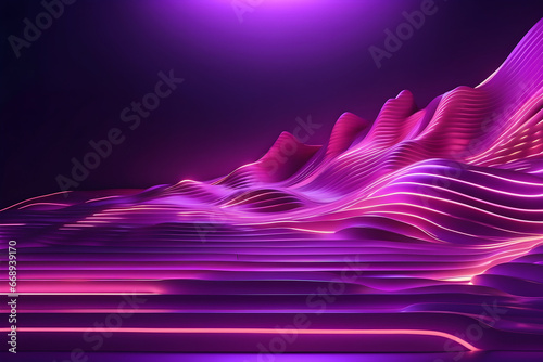 3d render  abstract panoramic neon background. Bright purple violet pink lines glowing in ultraviolet light. Generative AI