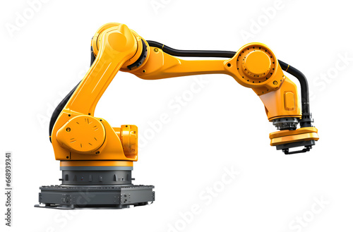 Industrial robotic arm isolated on a transparent background. Industrial robot works automatically in smart autonomous factory. Generative AI