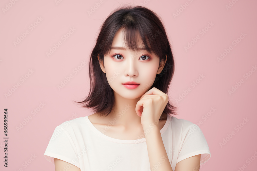 Beautiful Asian Woman Portrait, Pink Background Beautiful Asian Woman Portrait, Pink Background