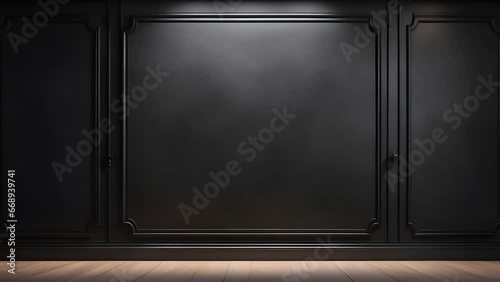 Black background to present products in loop, black wall, increase and decrease of lights, wooden floor, 4k, elegant, lights photo