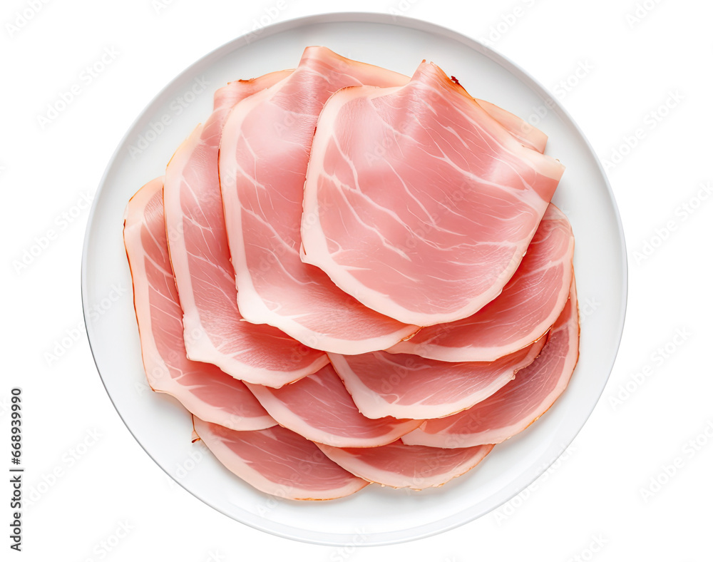 Slices of ham on the white plate isolated on transparent background, top view - obrazy, fototapety, plakaty 