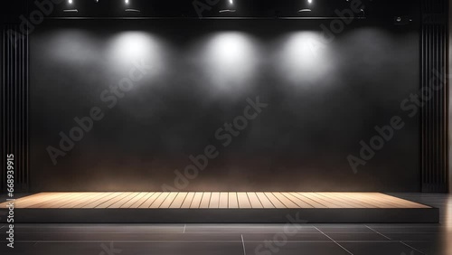 Black background to present products in loop, black wall, increase and decrease of lights, wooden floor, 4k, lights photo