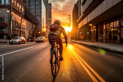 A cyclist in a mustard jacket maneuvers through busy city streets at dusk, capturing urban mobility. Ideal for content on sustainable transportation and city life. © StockWorld