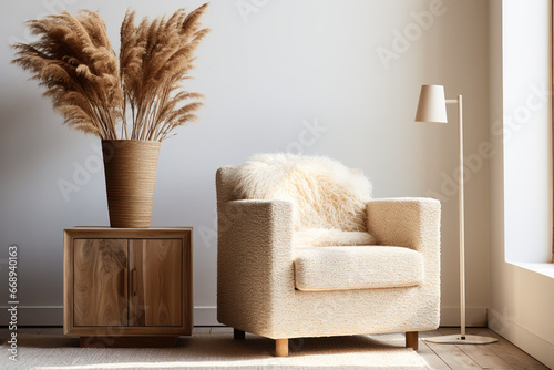 Cream white wwivel armchair and pampas grass background