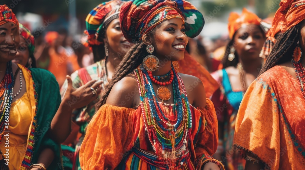 Radiant women adorned in traditional orange attire, with intricate jewelry and headdresses, celebrate at a vibrant cultural festival. Ideal for showcasing diversity, culture, and festive events.