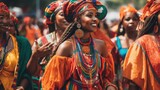 Radiant women adorned in traditional orange attire, with intricate jewelry and headdresses, celebrate at a vibrant cultural festival. Ideal for showcasing diversity, culture, and festive events.