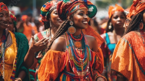 Radiant women adorned in traditional orange attire, with intricate jewelry and headdresses, celebrate at a vibrant cultural festival. Ideal for showcasing diversity, culture, and festive events.