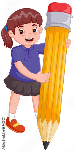 Cute girl cartoon holding a big pencil. Vector illustration