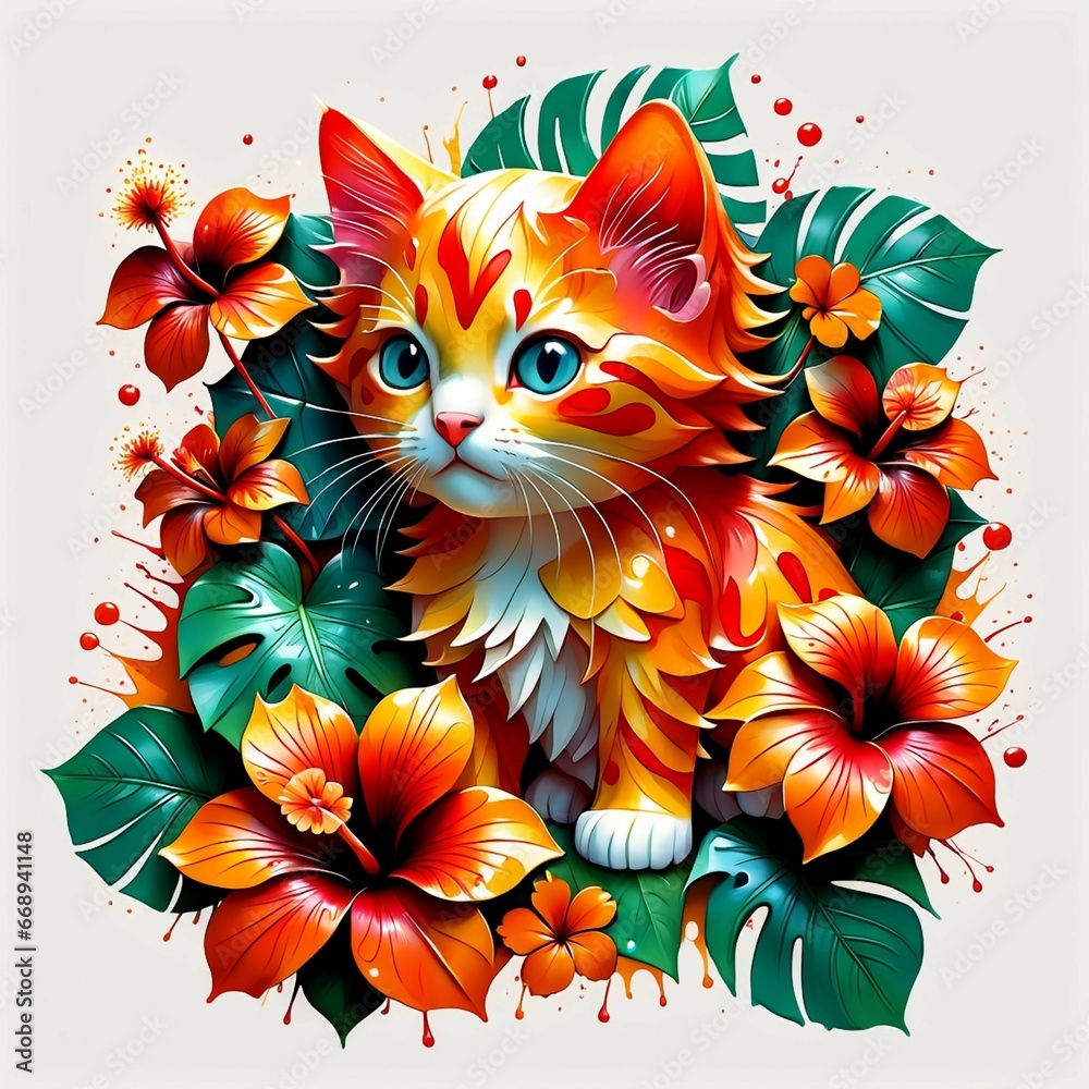  cute cat head with imaginary flowers and monstera leaves  hibiscus flowers in shades of red and green  and a cute and strange imaginary art style with 3D vector art. 