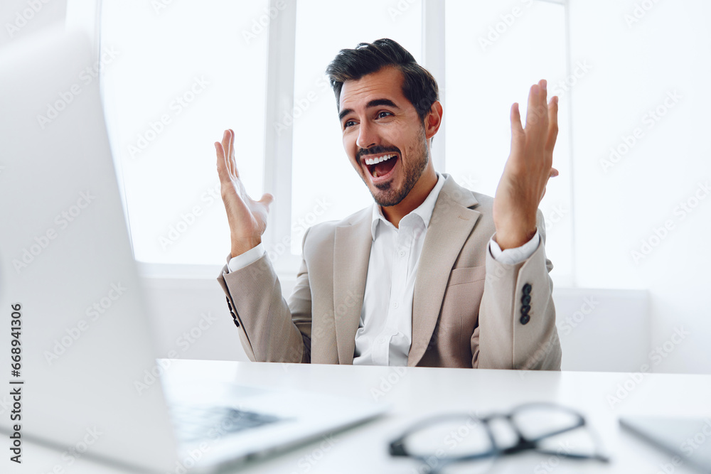 Man businessman smiling business laptop computer Man businessman smiling business laptop computer