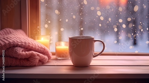 Discover the warmth of the holiday season with this charming coffee cup and snowman by a Christmas tree. Illuminated interiors in a rustic, cabincore style