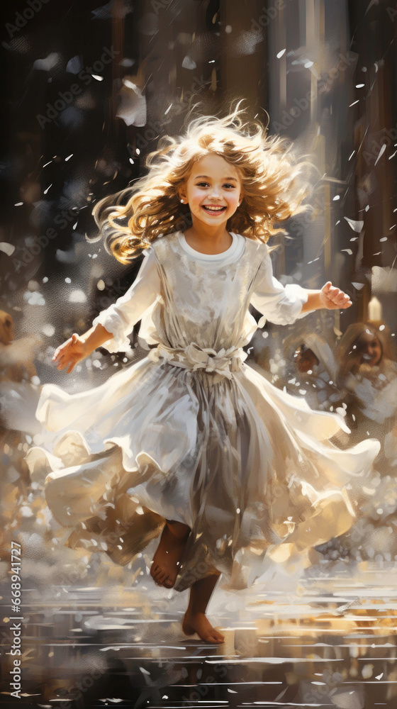 Joyful child in white dancing amidst snowflakes, oil painting with rich textures. Joyful child in white dancing amidst snowflakes, oil painting with rich textures.