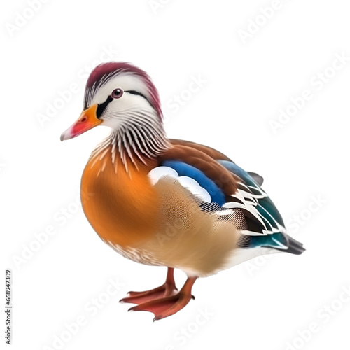 Side view, single  mandarin duck stands against transparent background. 