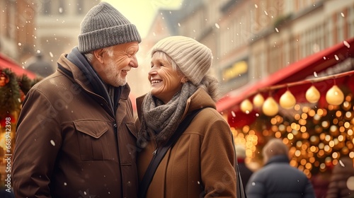 Join this heartwarming senior couple as they stand together at the Christmas market. Experience the magic in photo-realistic landscapes, with soft and romantic scenes that capture the holiday spirit.