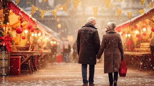 Join this heartwarming senior couple as they stand together at the Christmas market. Experience the magic in photo-realistic landscapes, with soft and romantic scenes that capture the holiday spirit. photo