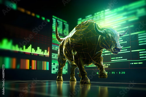 Bull with background of uptrend stock market. Concept of bullish market. AI generative