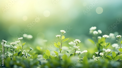 spring background with grass and flowers on blur background