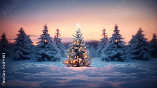 A small tree on an early Christmas morning against the backdrop of a snowy forest in out of focus © Olmyntay