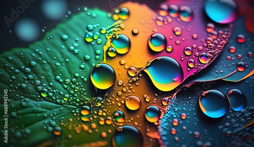 colorful water drops on a green leaf, Abstract beautiful water drops