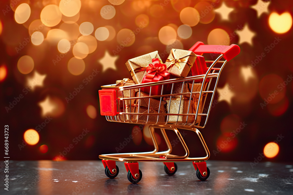 shopping cart full of gift with bokeh background. christmas and happy new year concept. shopping cart full of gift with bokeh background. christmas and happy new year concept.