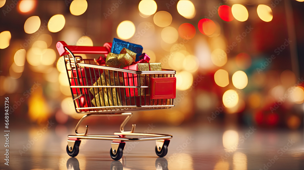 shopping cart full of gift with bokeh background. christmas and happy new year concept. shopping cart full of gift with bokeh background. christmas and happy new year concept.