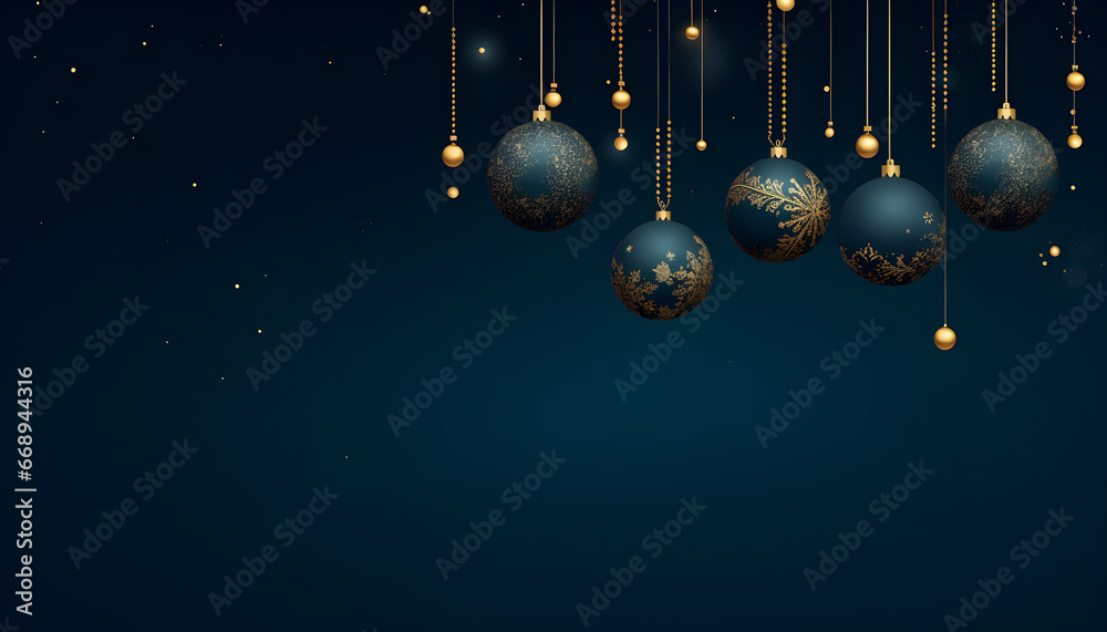 Christmas balls with copy space for text on dark turquoise background.