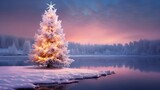 Early in the morning at dawn near a lake in the forest, a Christmas tree in lights