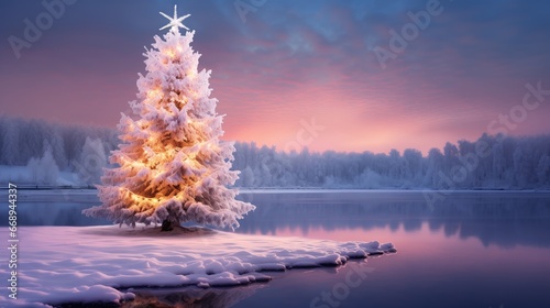 Early in the morning at dawn near a lake in the forest, a Christmas tree in lights © Olmyntay