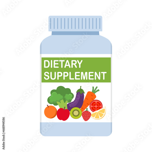 Dietary supplement pills bottle on white background.
