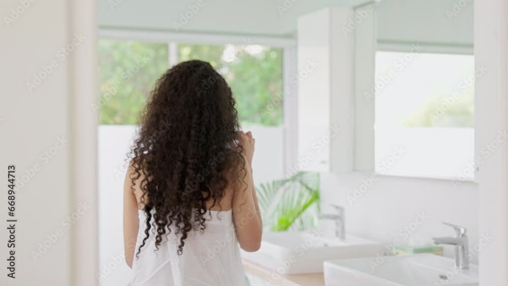 Woman, bathroom or brushing teeth at mirror for health, dental hygiene or gum care from the back. Female person walking with toothbrush for fresh breath, cleaning or home grooming for morning routine Woman, bathroom or brushing teeth at mirror for health, dental hygiene or gum care from the back. Female person walking with toothbrush for fresh breath, cleaning or home grooming for morning routine