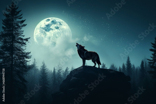 Silhouette of howling wolf against dark toned foggy background and full moon or Wolf in silhouette howling to the full moon. Halloween horror concept.  photo