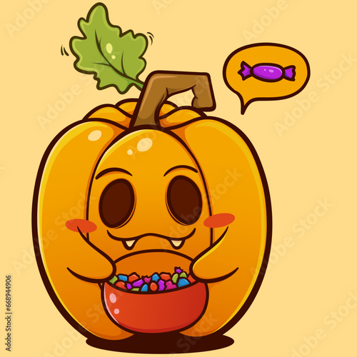 Illustration of a halloween pumpkin character carrying candy, and on an isolated yellow background, cool for stickers, logos, totebag designs, t-shirts etc.
