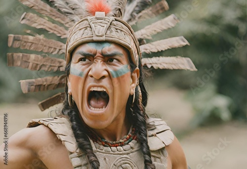 mayan warrior ready for battle mouth open yelling in action pose
