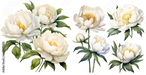 White peony watercolor illustration clipart. Generative AI.