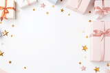 colorful gift boxes with stars over a white background, in the style of soft pastel